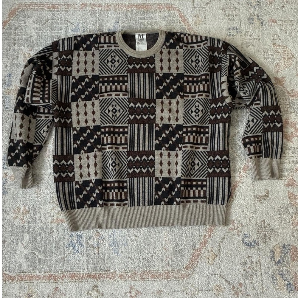 VTG Marz Munchen 100% Wool Geometric Patchwork Knit Grandpa Sweater